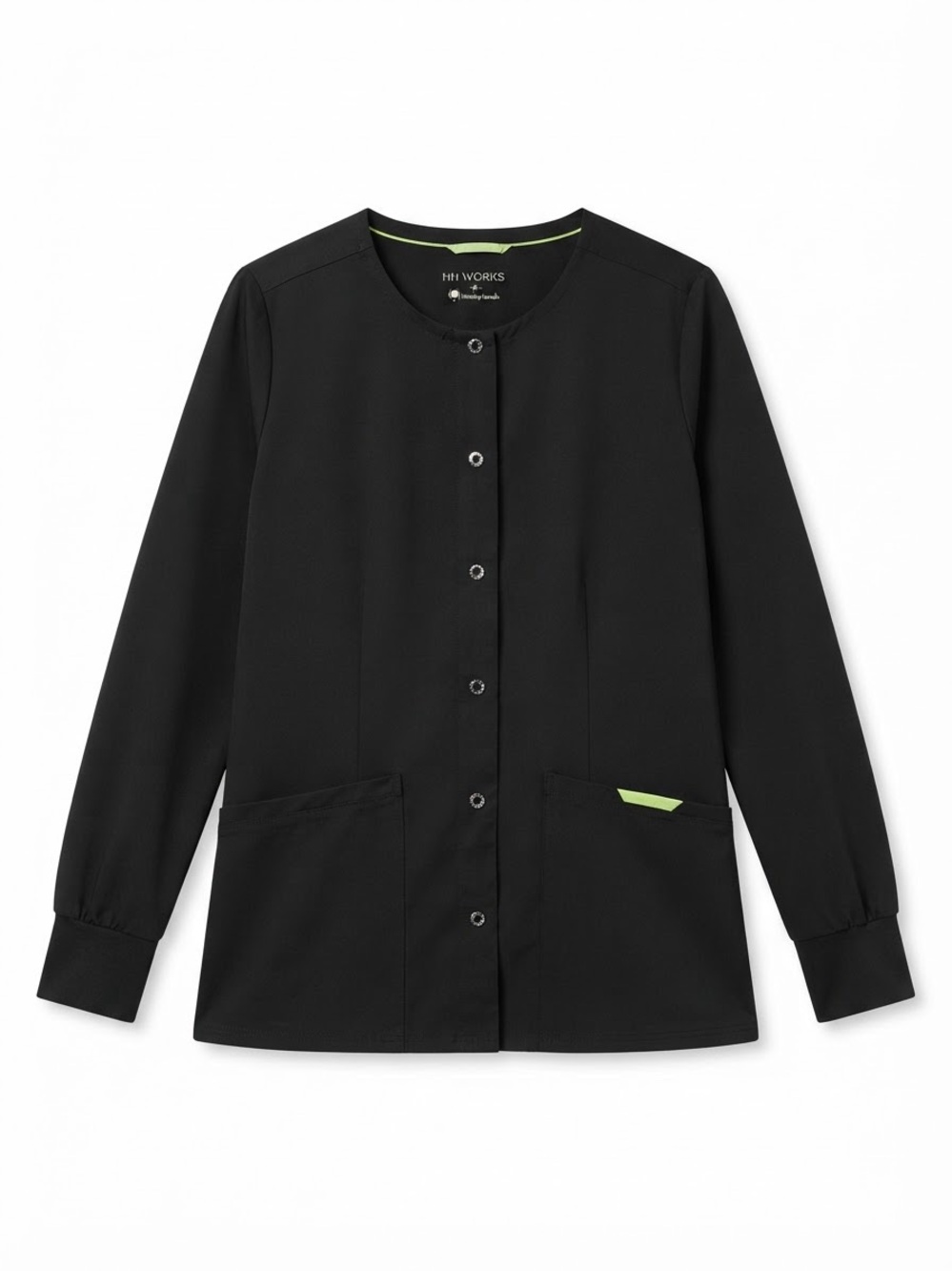 healing hands Black Button-Front Scrub Jacket with Lime Trim